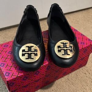 Tory Burch Black and Gold Leather Flats